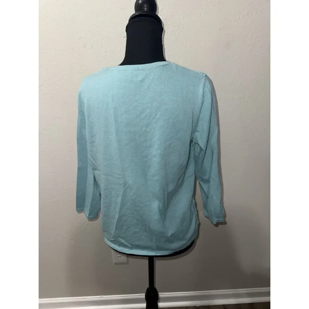 Alfred Dunner Petite PM Teal Blue Lace Overlay Cardigan Sweater Crochet Floral